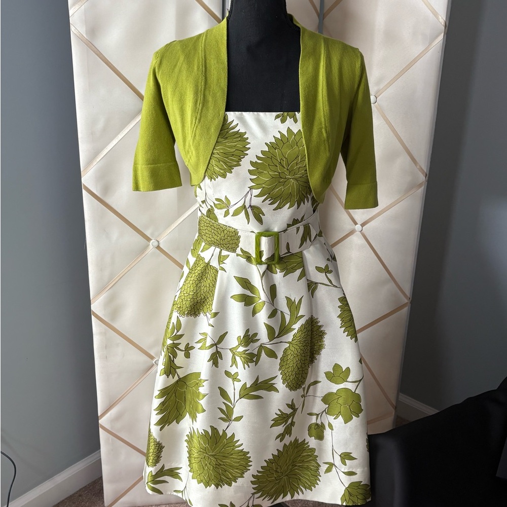 Jessica Howard Olive and Cream Floral Midi Dress with Jacket